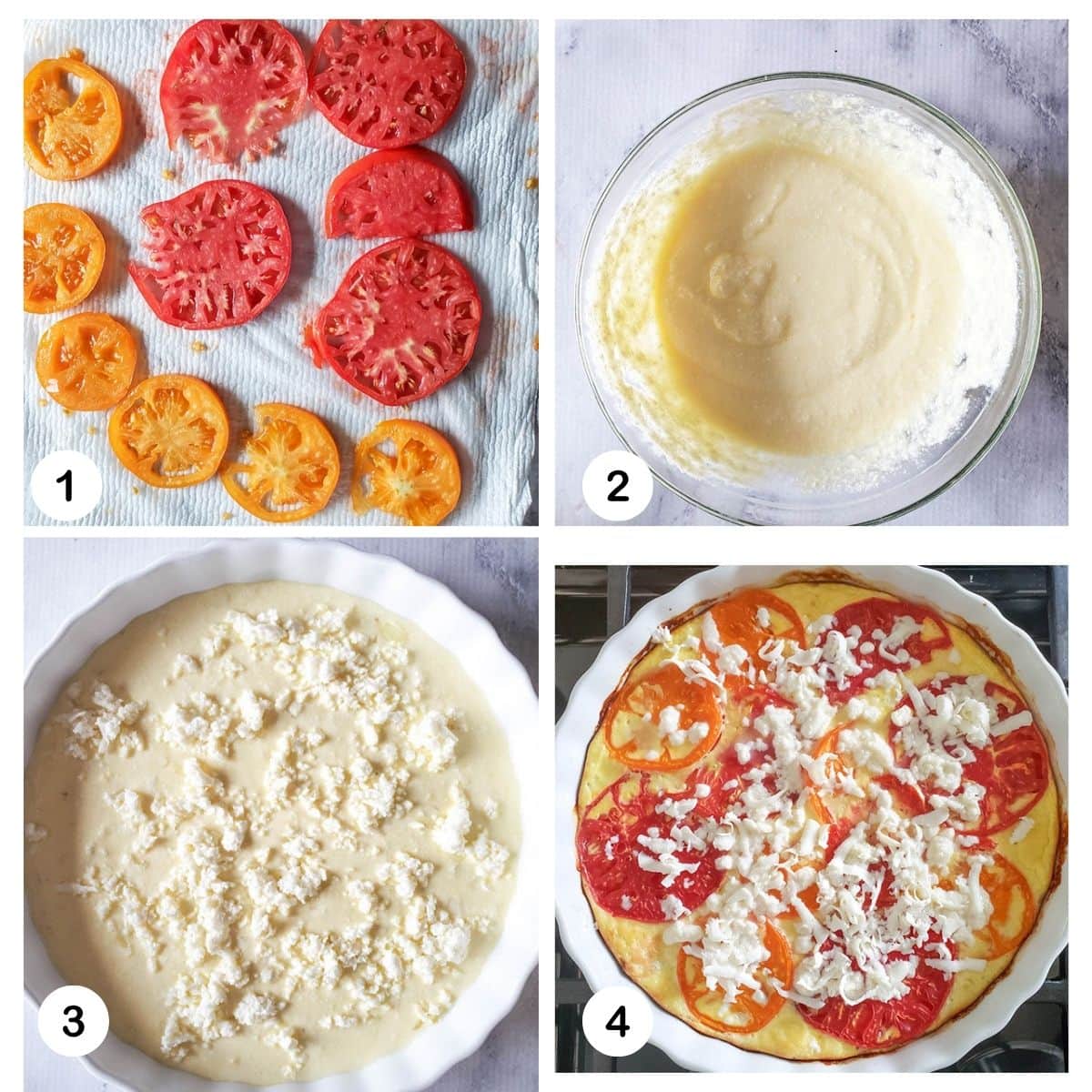 A collage of photos showing the steps needed to make crustless tomato pie prep the tomatoes, mix the batter, prep for oven, bake and cover with cheese