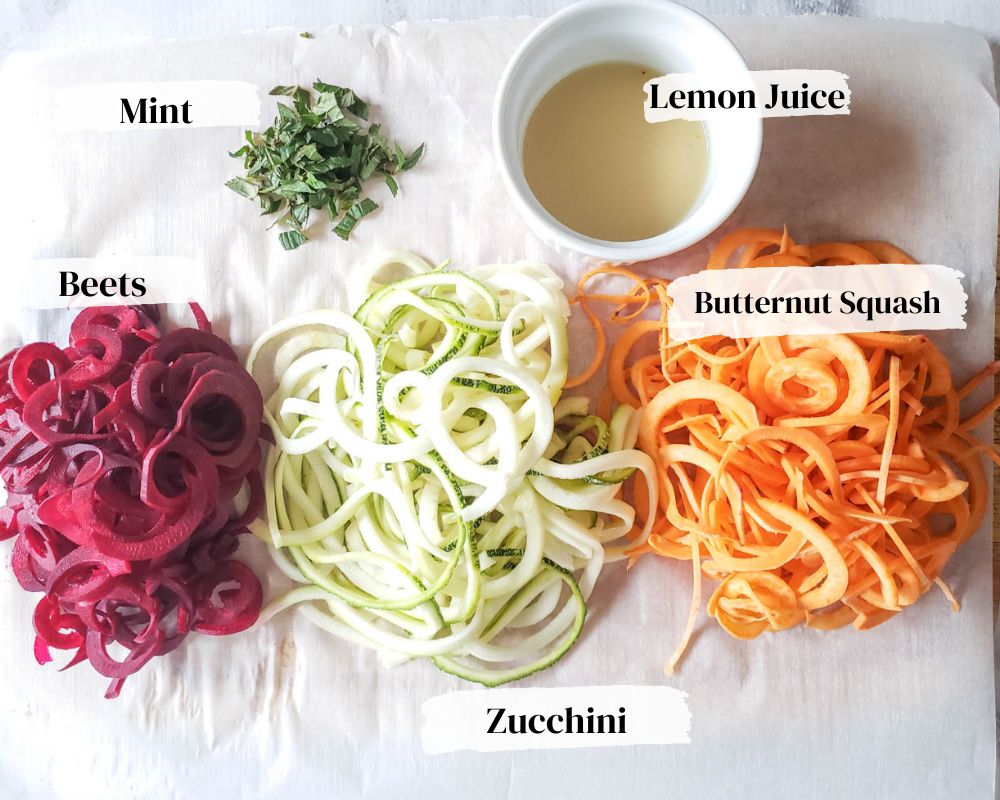 a photo of ingredients for spiralized beet salad