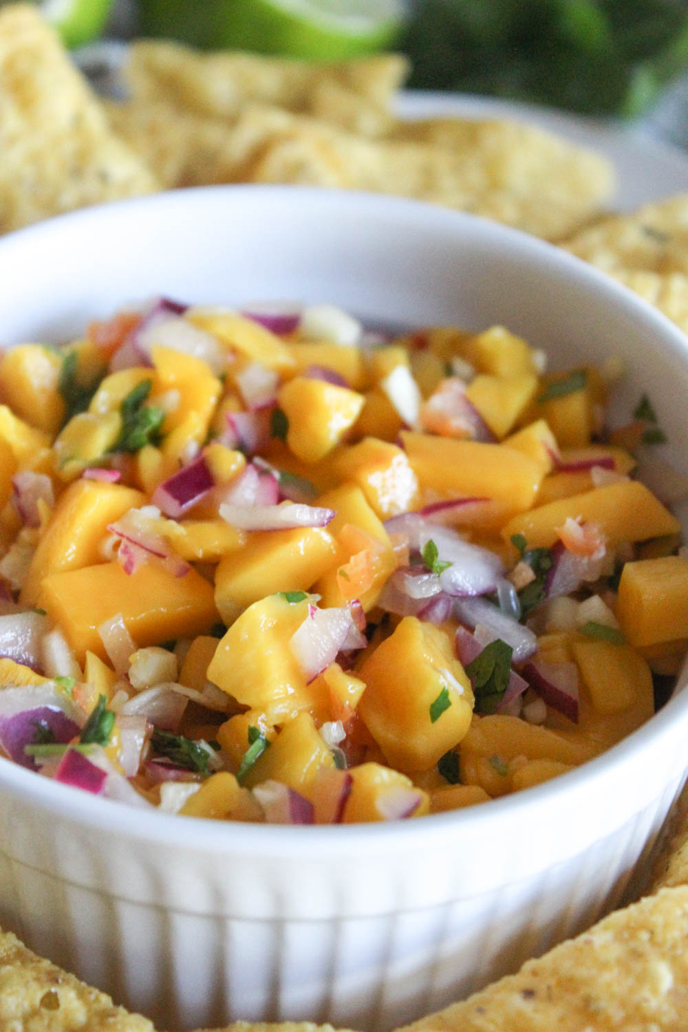 a close up picture of mango salsa in a white bowl