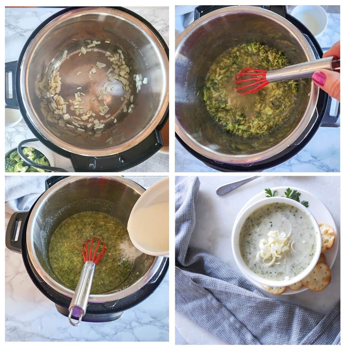 a picture showing the steps needed for making instant pot cream of broccoli soup