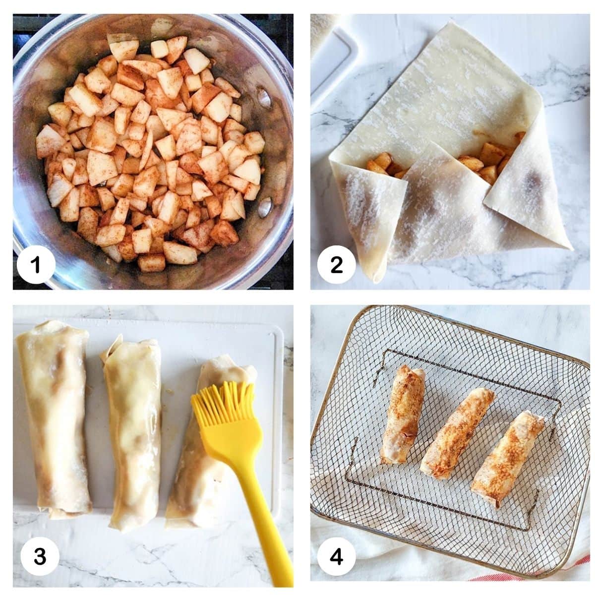 process steps for making apple pie egg rolls. Cook the apples, roll them, brush with oil and air fry.