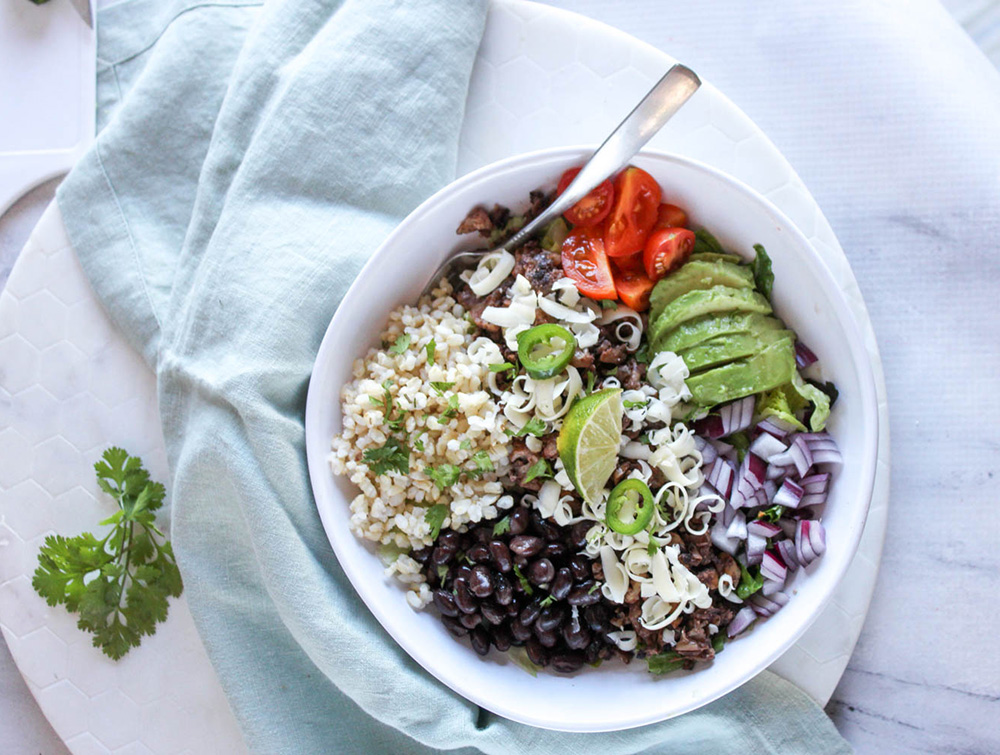 overhead view of assembled burrito bowl