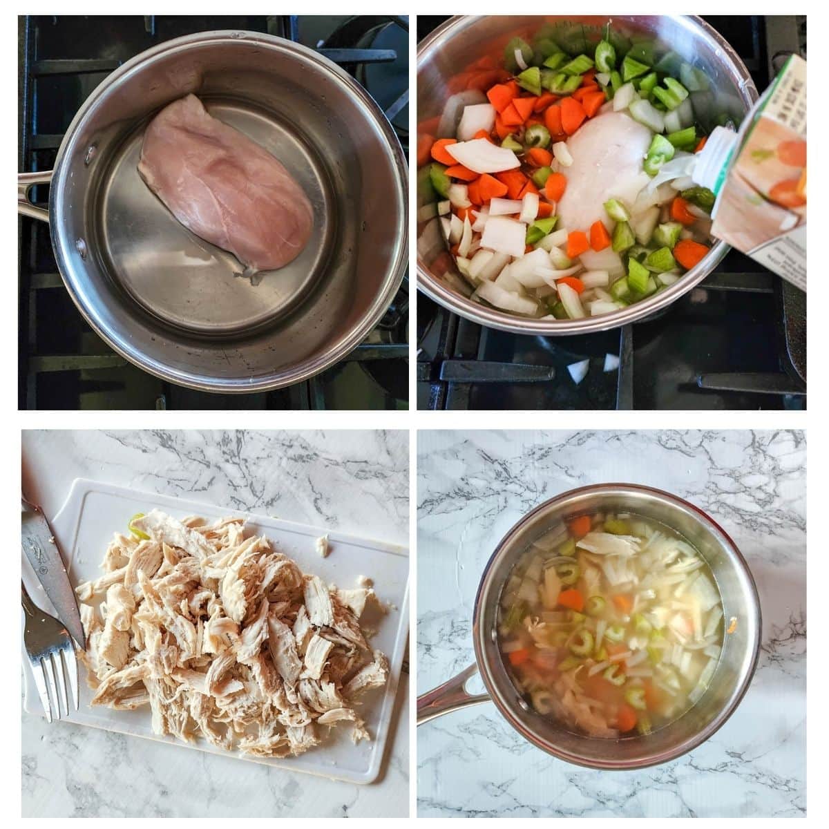 a picture of four process steps needed to make 5 ingredient chicken soup