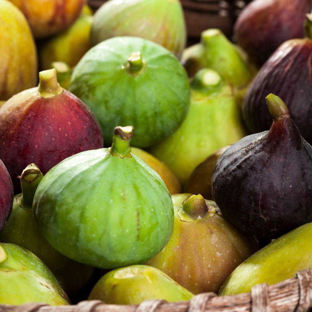 close up of different varieties of figs in a basket