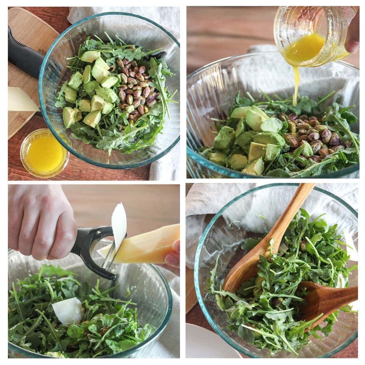 a collage of pictures showing the arugula steps 