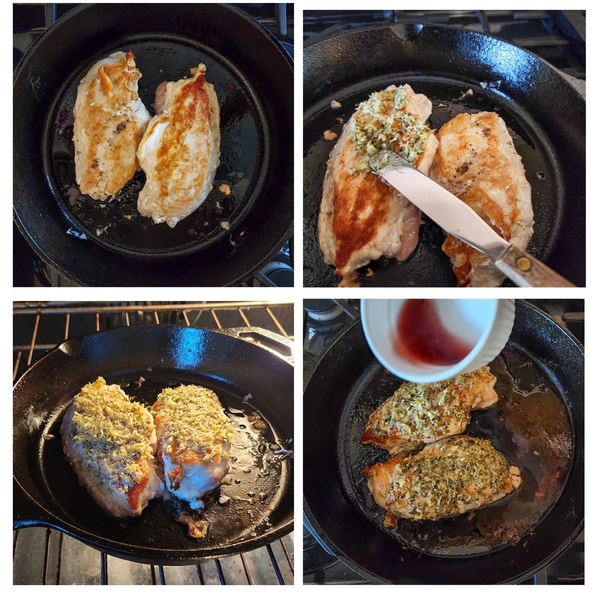 a collage of pictures showing the steps to make chicken savoy. Brown the chicken, add the herb topping, bake and add vinegar