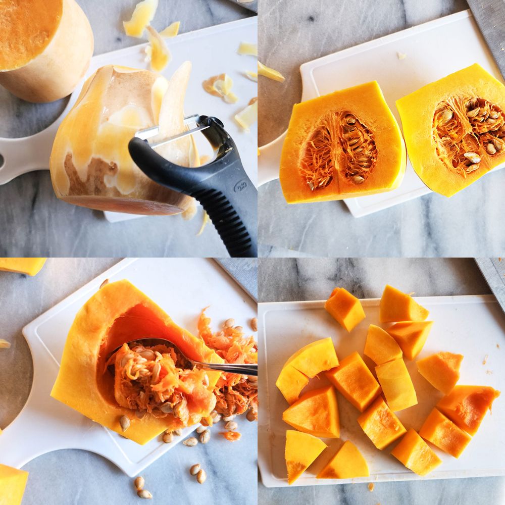 collage of photos showing steps to prepare butternut squash