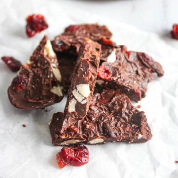 pieces of homemade chocolate bark on parchment paper