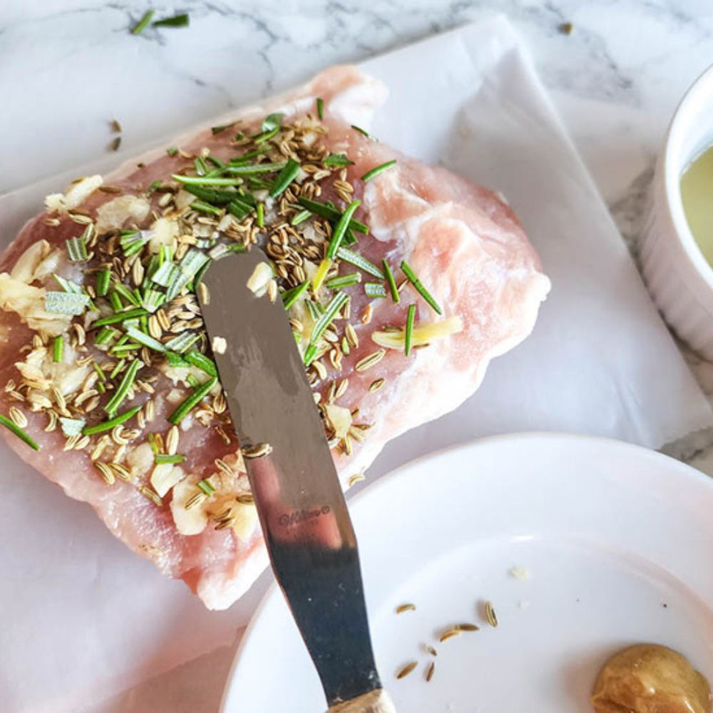 Slow cooked pork loin and apples step 1, make paste and spread on meat
