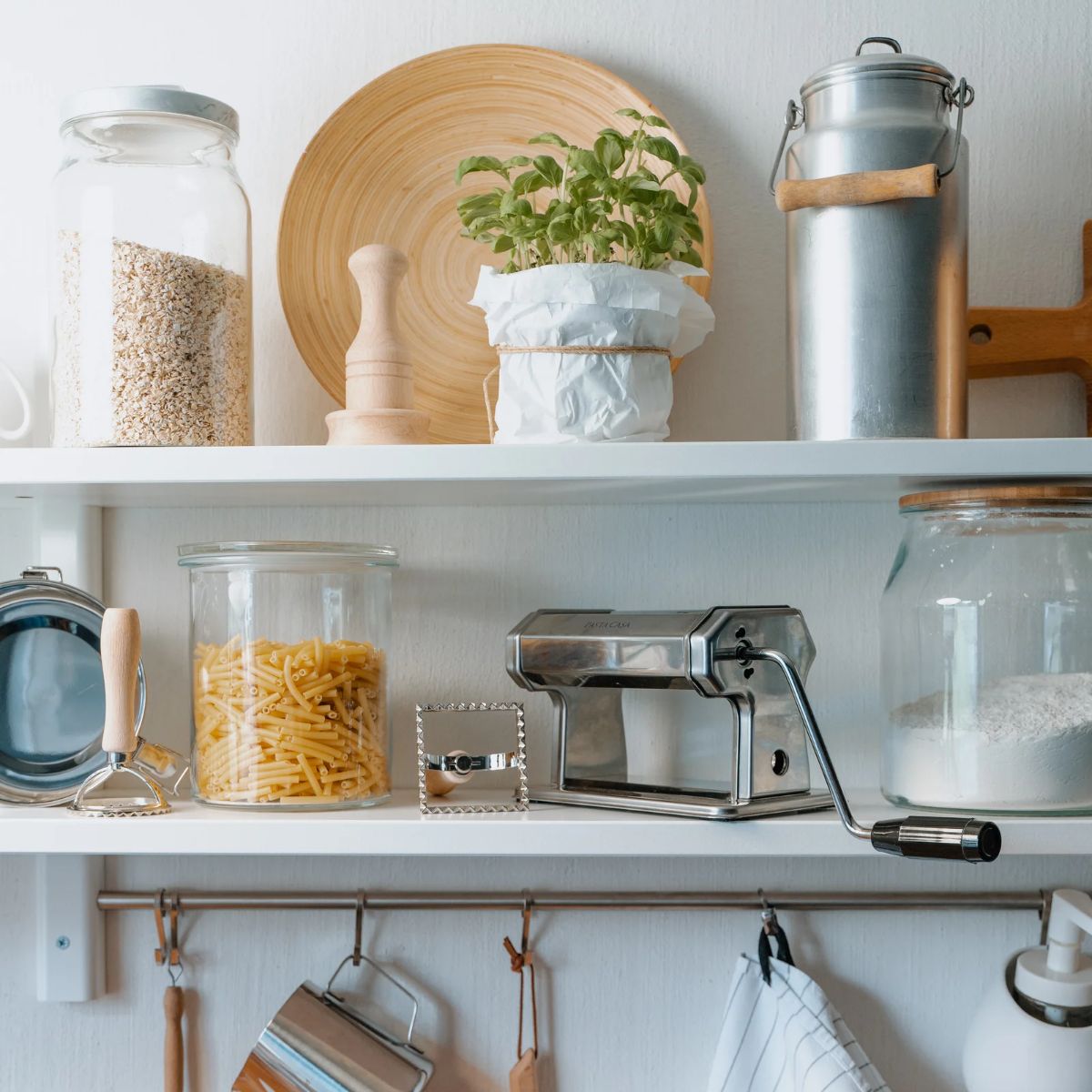 kitchen utensils on shelves