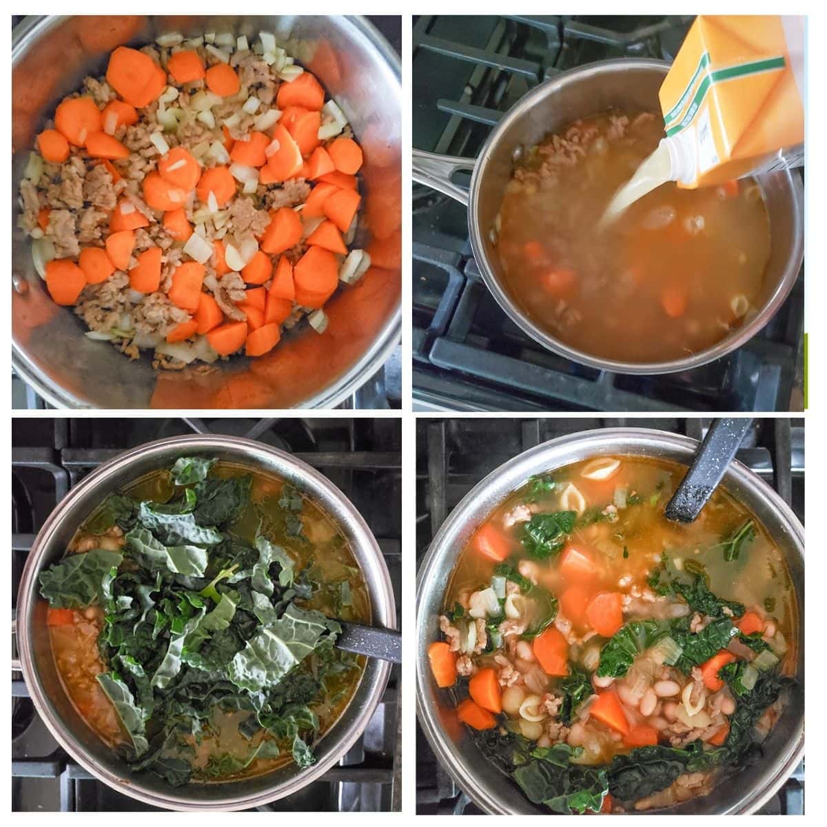 a picture of the process steps needed to make tuscan kale soup 