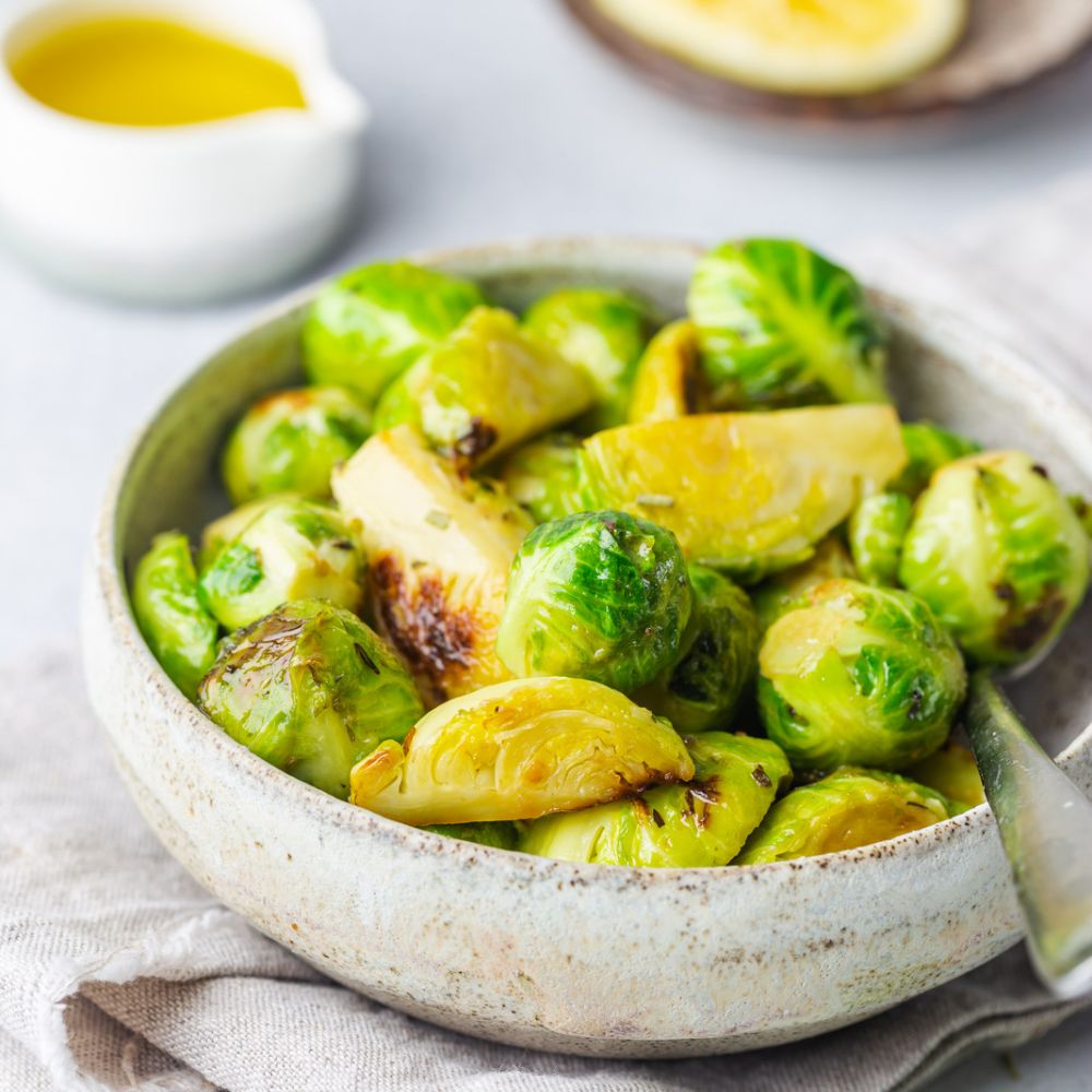 brussels sprouts in a white bowl