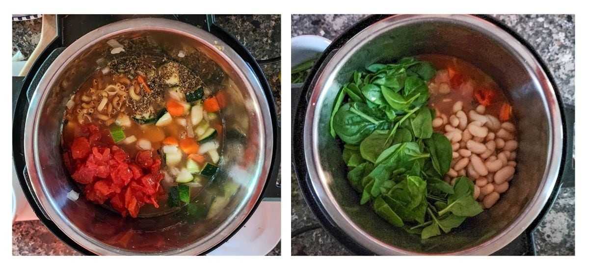 a photo collage showing two steps to make minestrone soup 