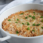 buffalo chicken dip in a casserole dish baked