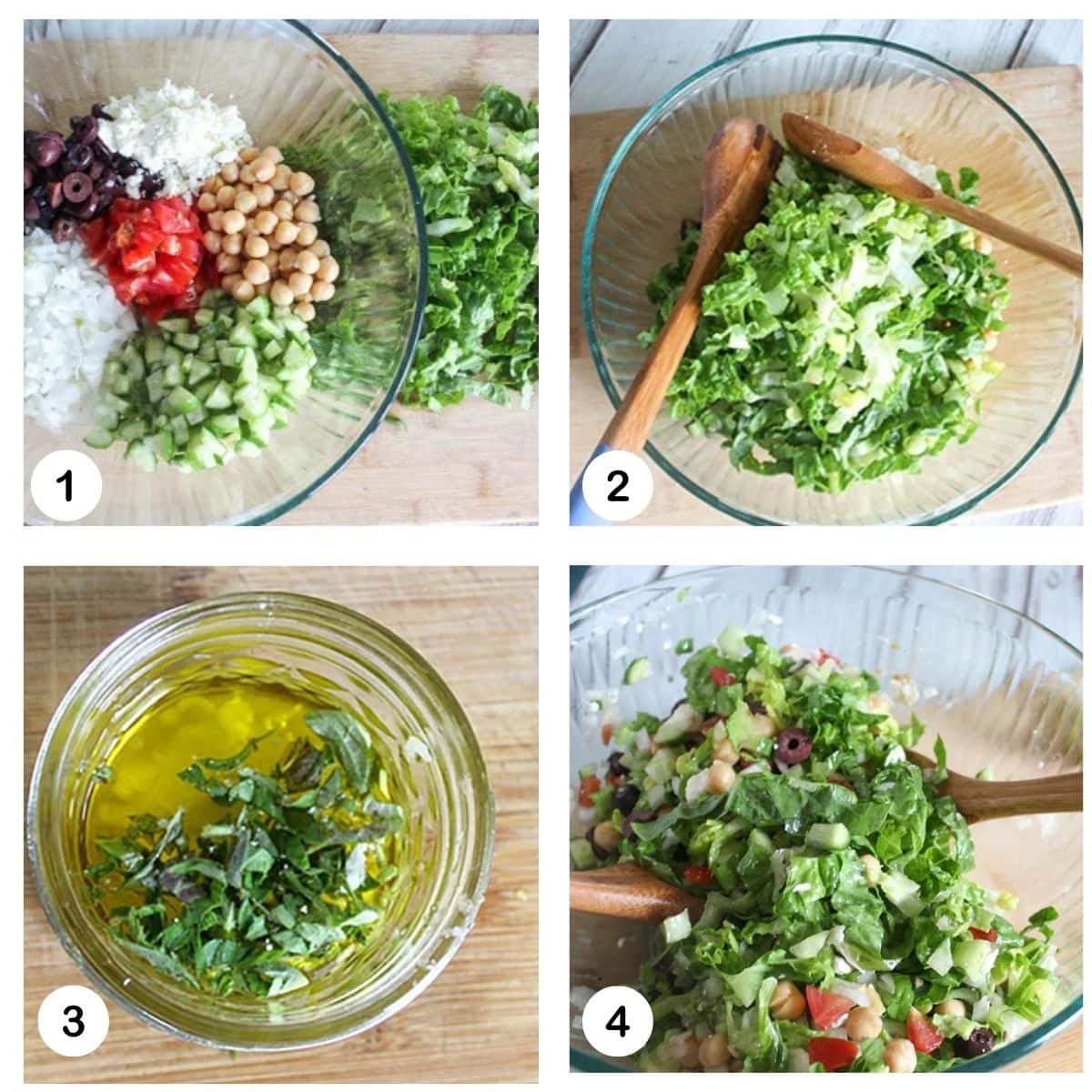 a collage of pictures showing how to make greek chopped salad: chop all of the ingredients, place into a bowl, mix dressing and toss the salad