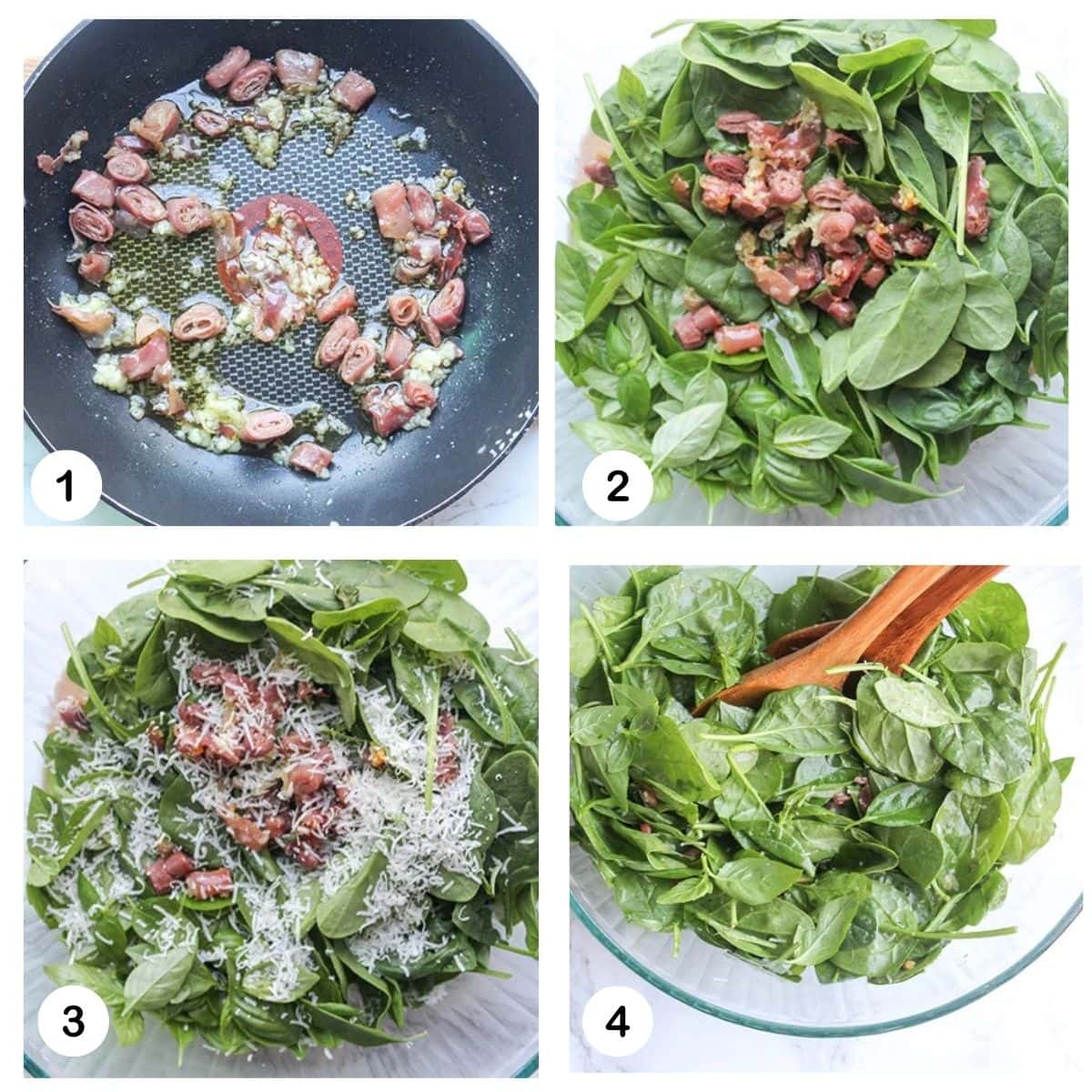 a collage of process steps needed to make spinach basil salad.