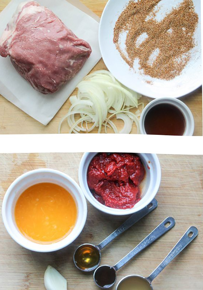 a picture of the ingredients to make bbq pork in a slow cooker