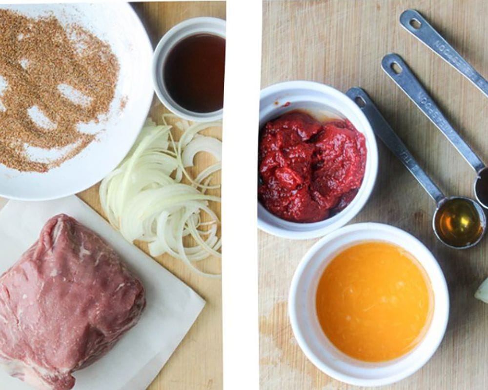 a split picture of ingredients needed to make pulled pork with homemade sauce: pork, seasoning onions on the left and sauce ingredients on the right.