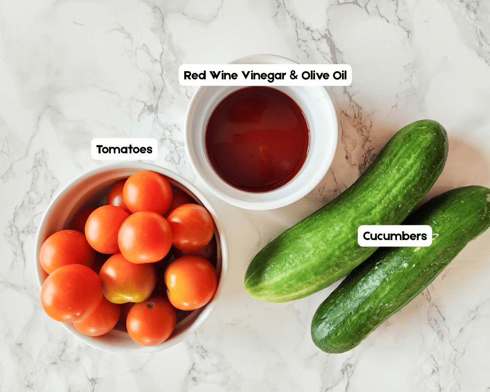 a picture showing the main ingredients needed to make cucumber basil salad