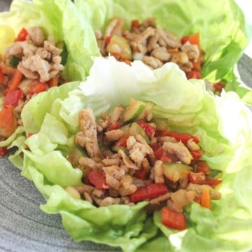 a close up picture of ground chicken lettuce wraps on a grey plate