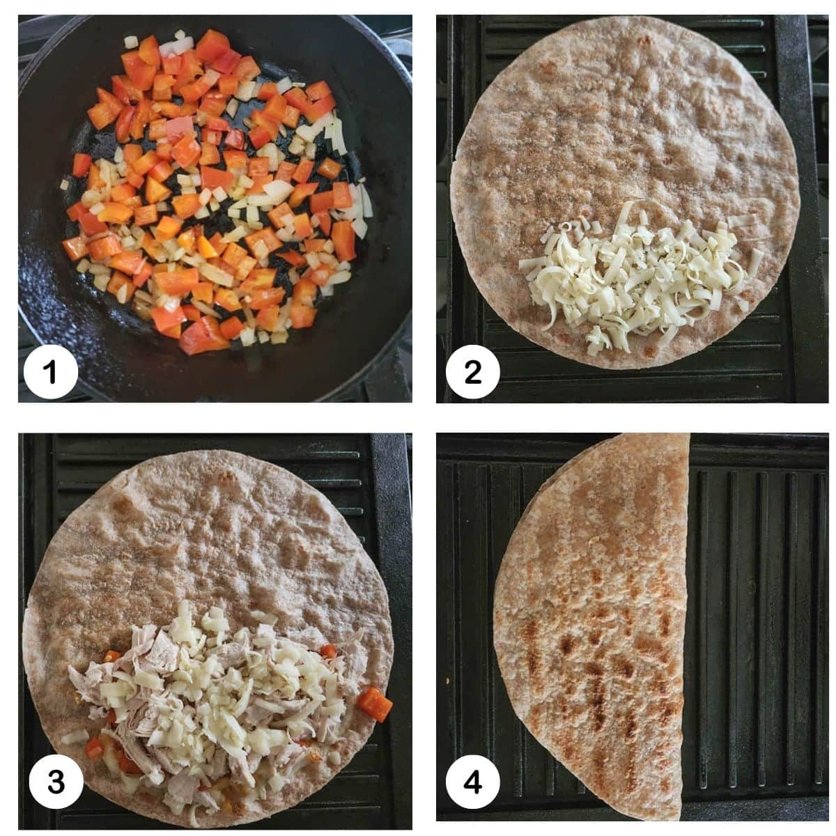 a collage of photos showing how to make grilled chicken quesadillas: cook the vegetables, add cheese to the tortilla, top with cooked veggies and chicken, fold and grill on a grill pan or the grill