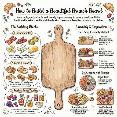 an infographic showing the steps and ingredients needed for a brunch charcuterie board.  
