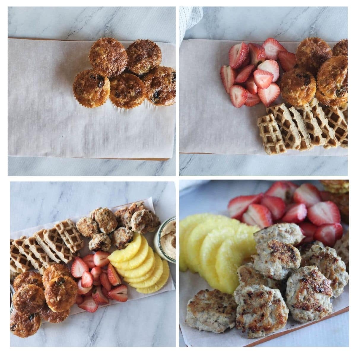 a collage of process pictures showing a brunch board loaded with ingredients. 