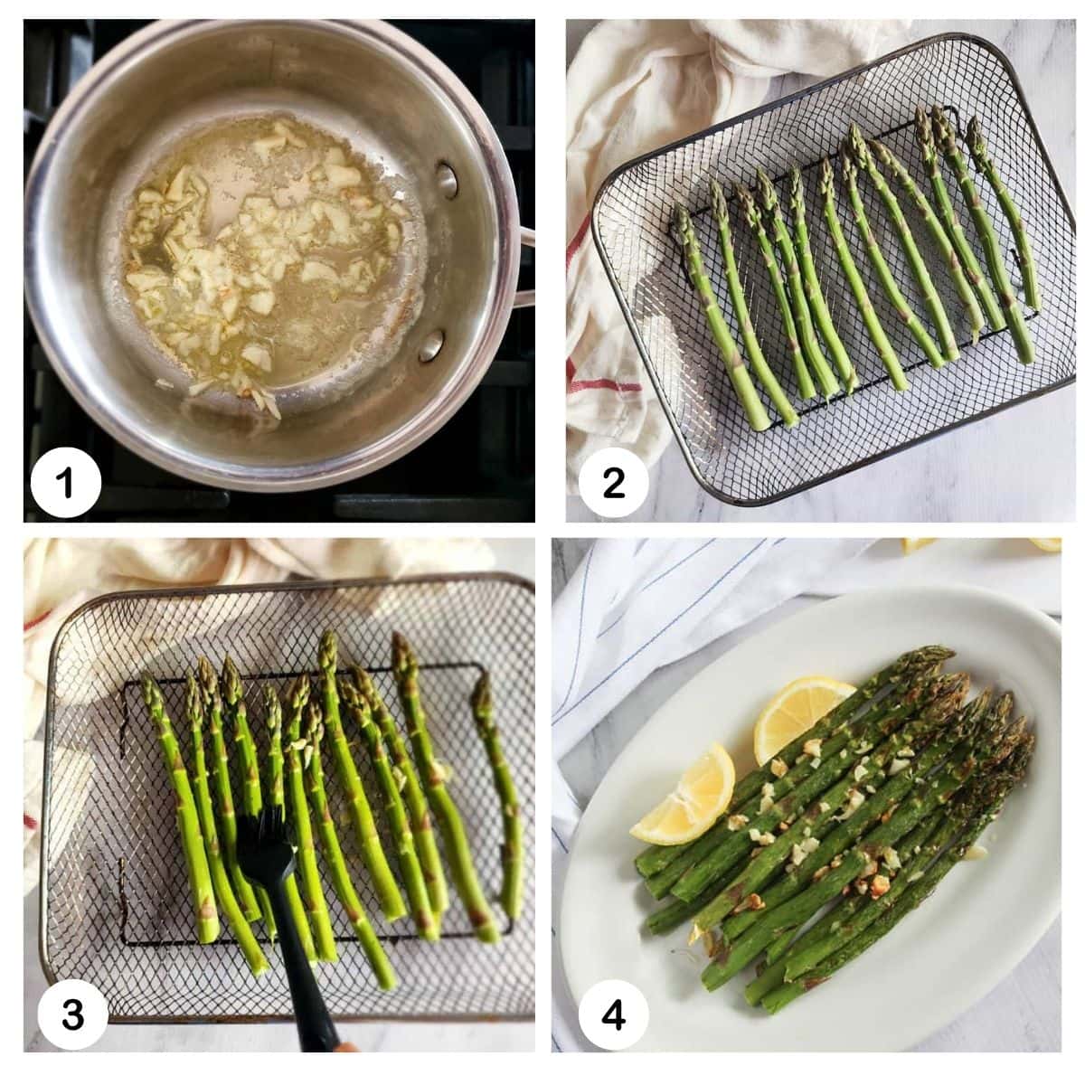 a collage of pictures showing steps to make air fryer asparagus