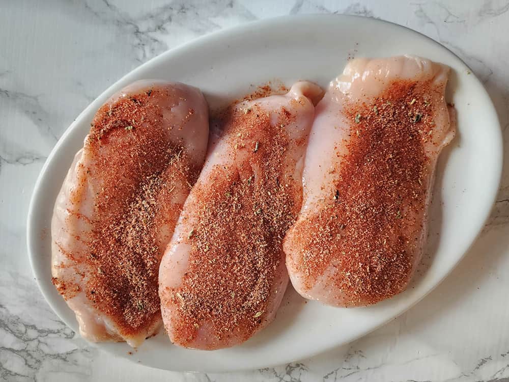 Step 1 3 chicken breasts covered with blackened spice