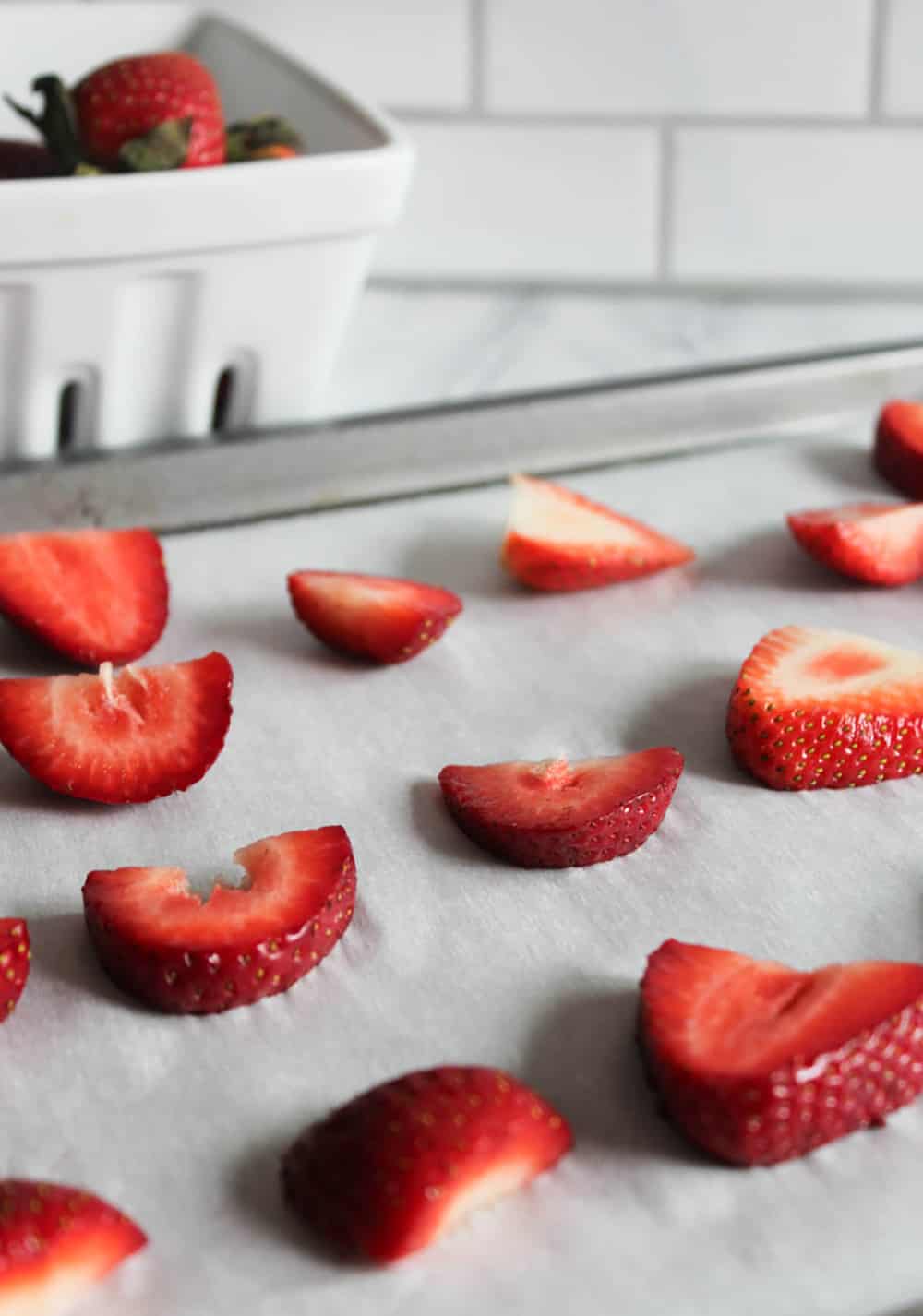 A PICTURE of strawberry slices on a baking tray