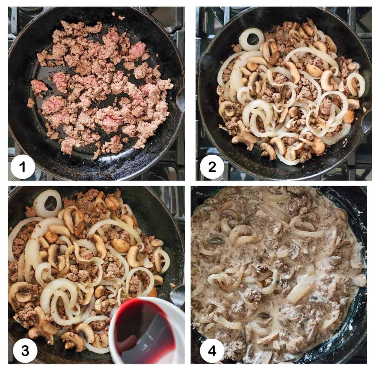 a collage of pictures showing how to make beef stroganoff with ground beef