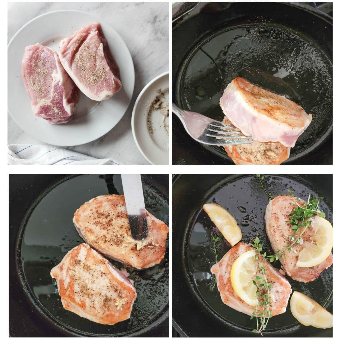 a collage showing the four process steps for making the pan seared pork shops from seasoning, flipping over, adding garlic and ready for the oven
