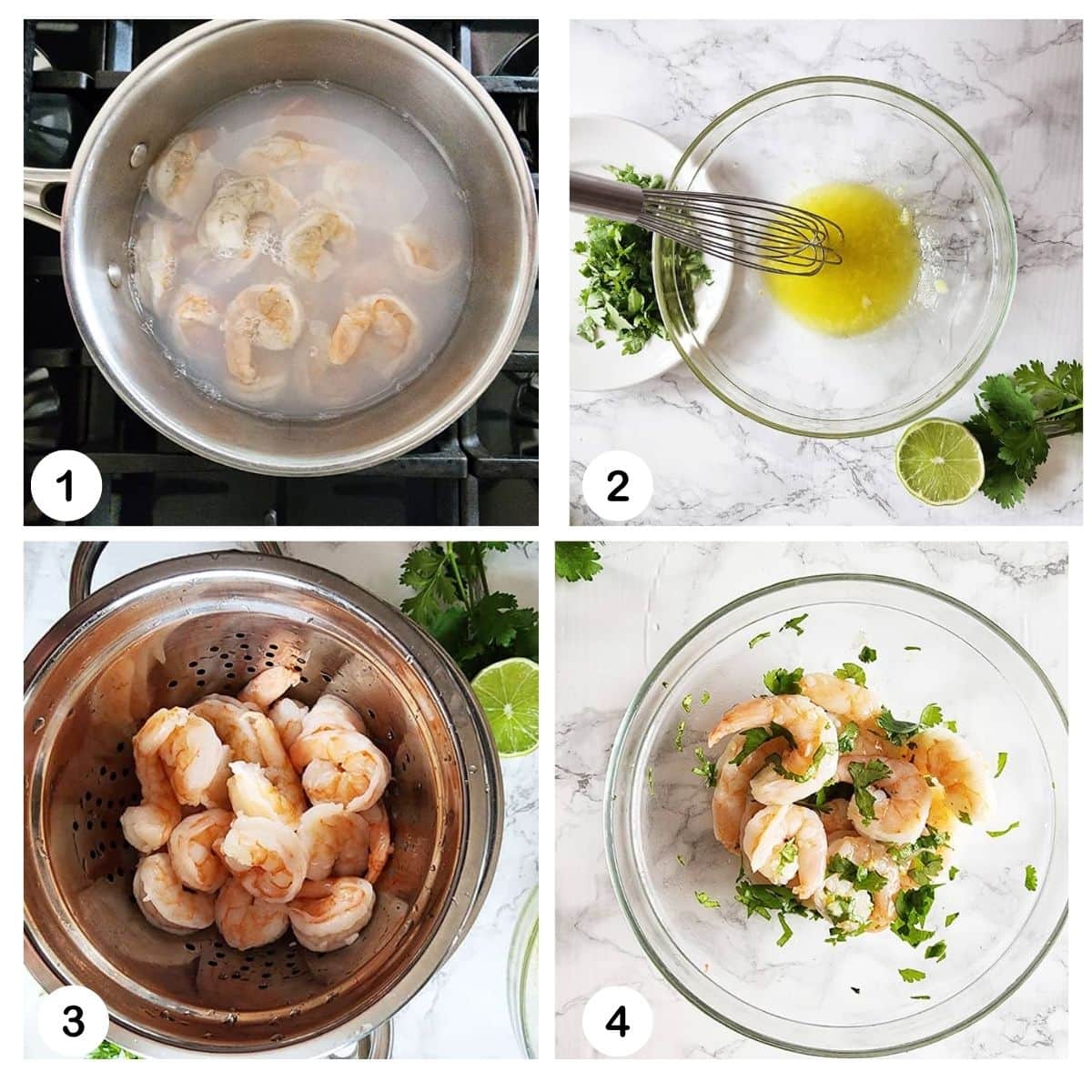 a collage of photos showing the steps needed to make cilantro lime shrimp. cook the shrimp, make the dressing, combine