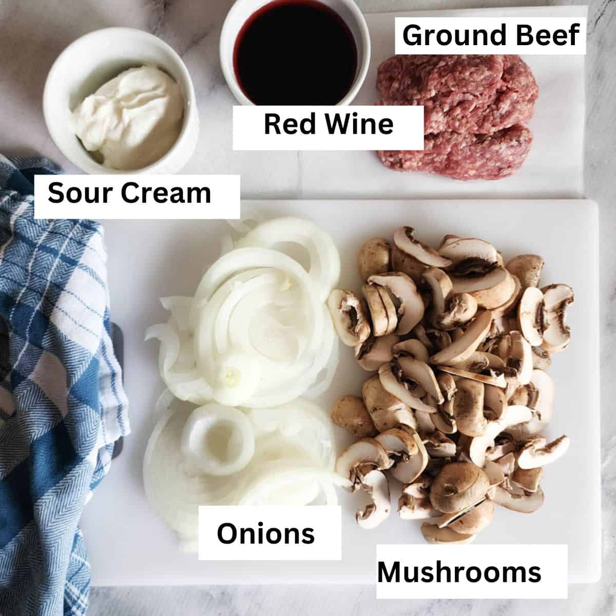 an overhead view of ingredients for stroganoff