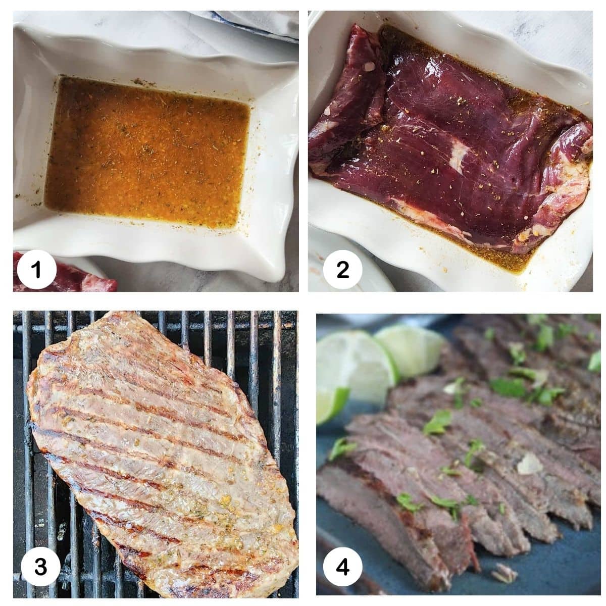a collage of the steps needed to make cuban flank steak. mixed marinade, meat marinating, steak on the grill and sliced on a platter