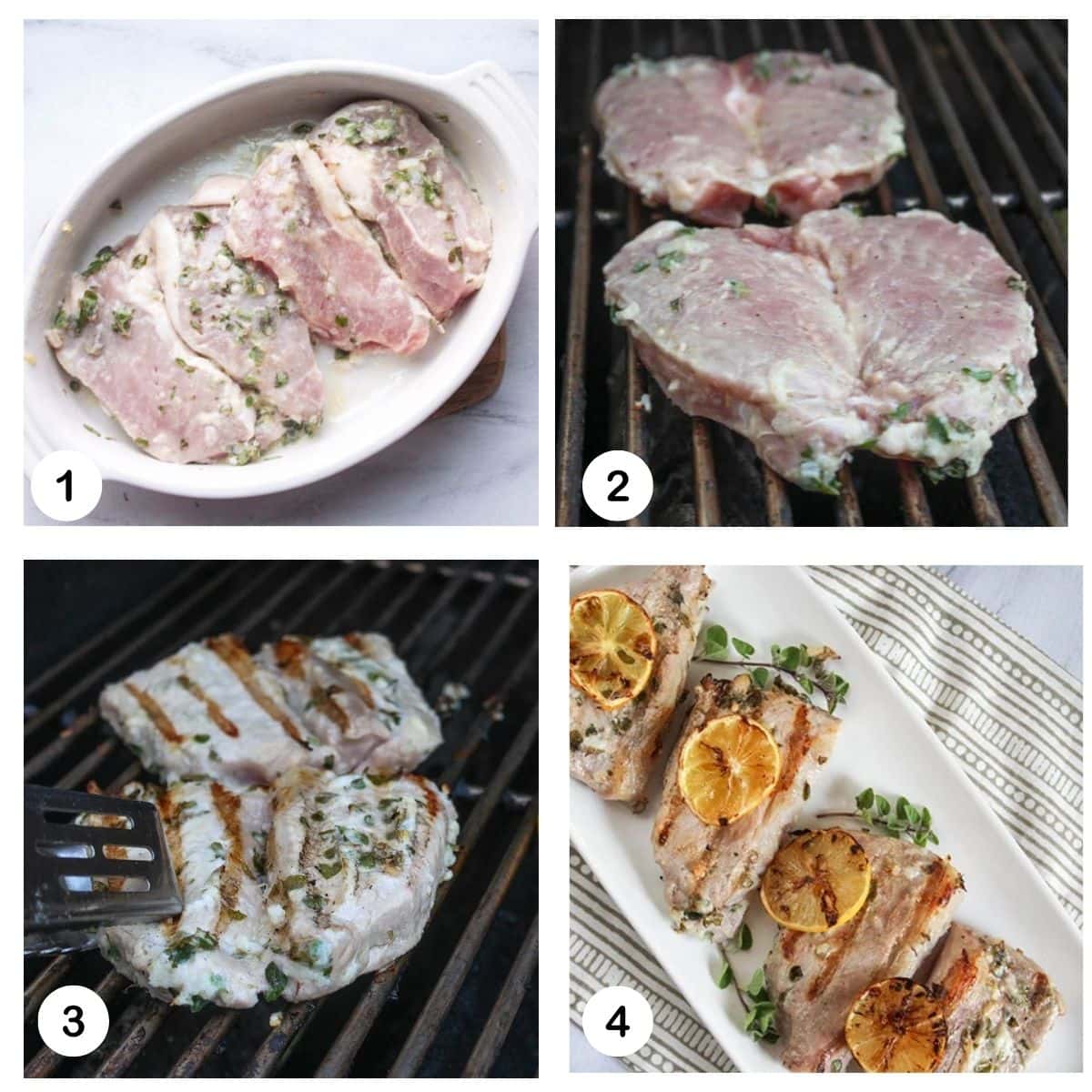 a collage showing the process photos of making mediterranean pork chops. the chops marinating, and cooking on the grill then plated.