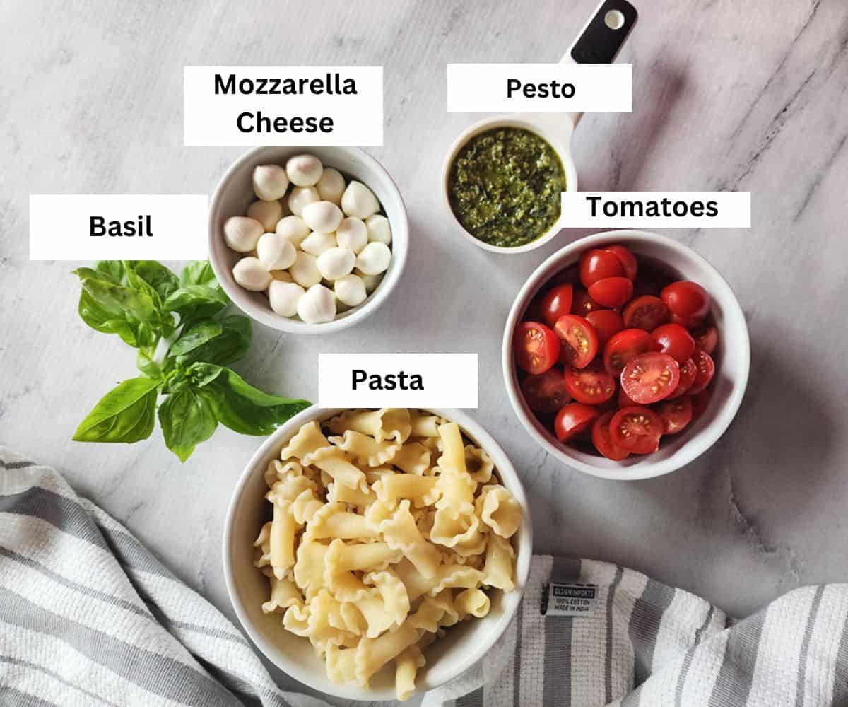a picture of the pasta salad ingredients: basil, mozzarella cheese, pesto and cherry tomatoes