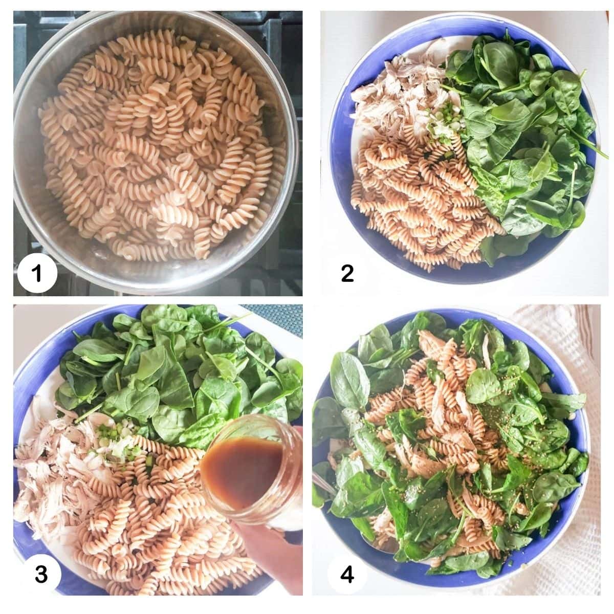 a collage of pictures showing the steps needed to make chicken pasta salad with spinach