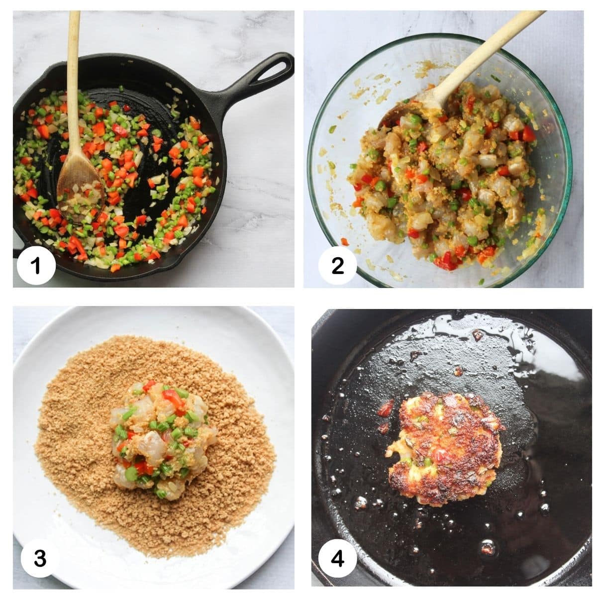 A collage of pictures of process steps for shrimp cakes: saute veggies, mix the shrimp cakes, coat in bread crumbs and cook