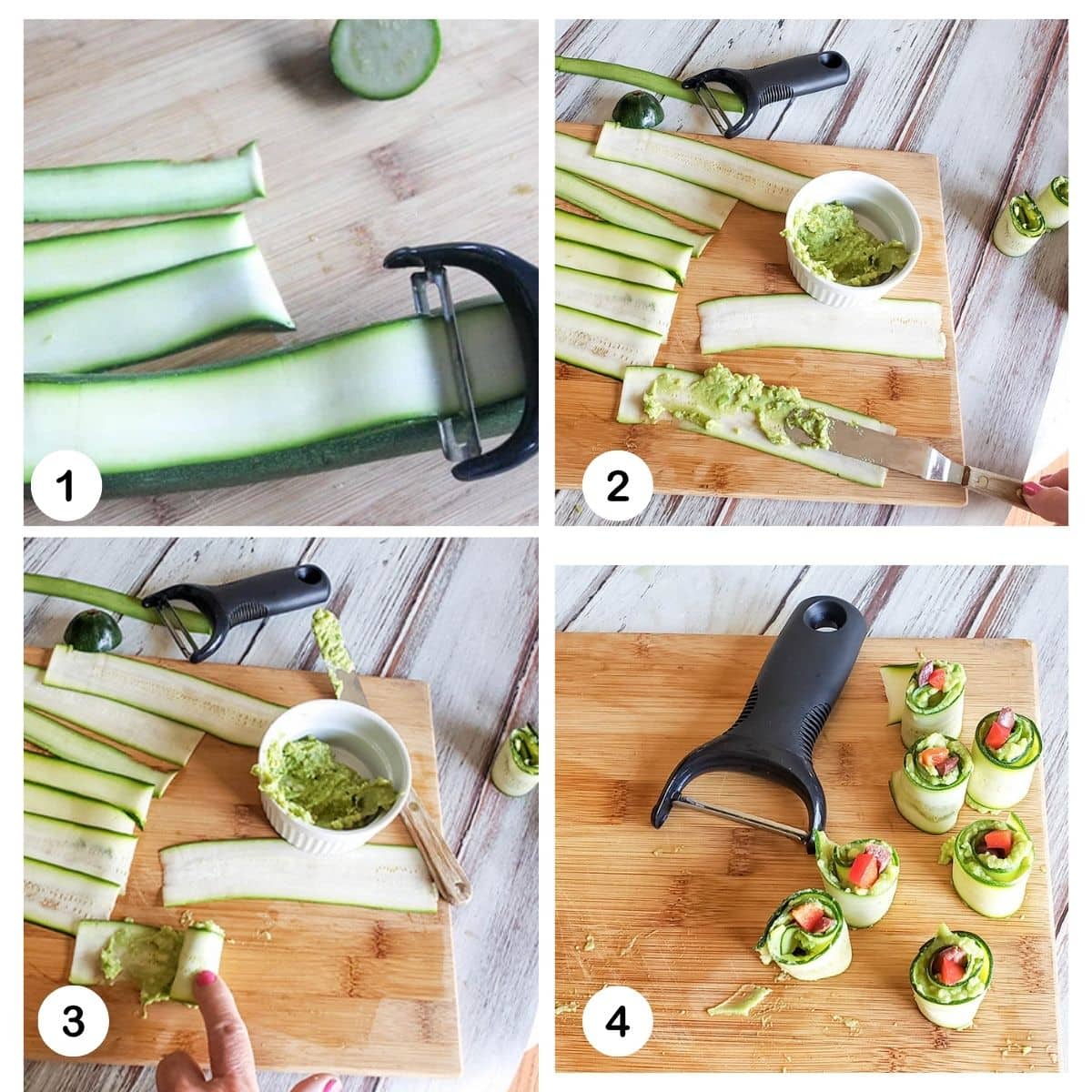 a collage of photos needed to make zucchini roll ups