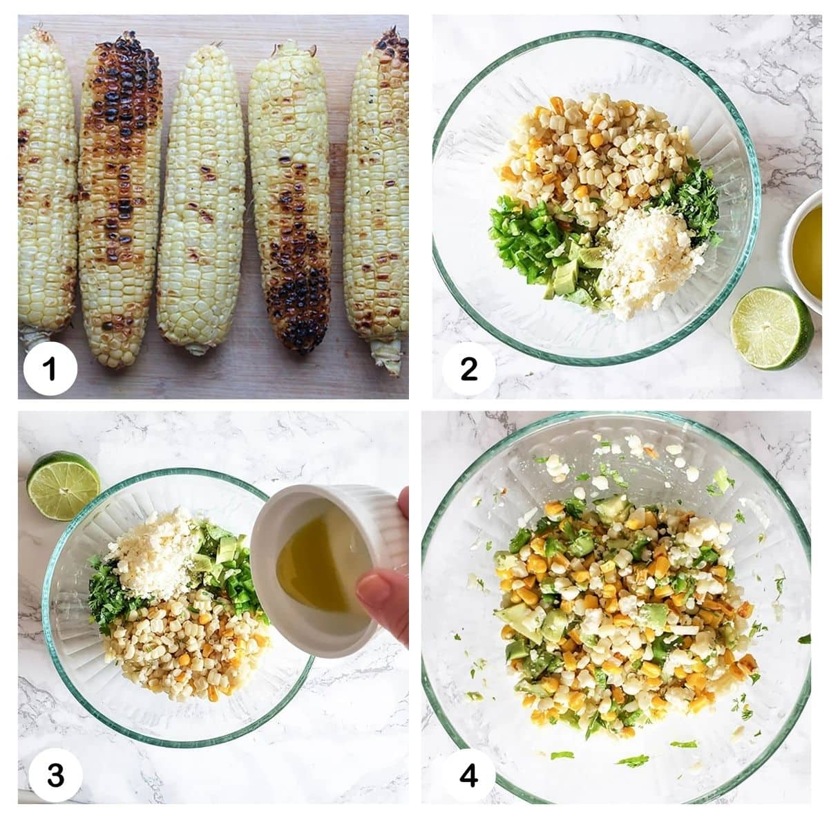 a collage of photos showing the process steps needed to make street corn equites salad.  