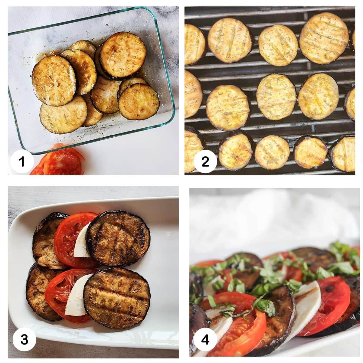 a collage of photos needed to make griiled eggplant caprese 
