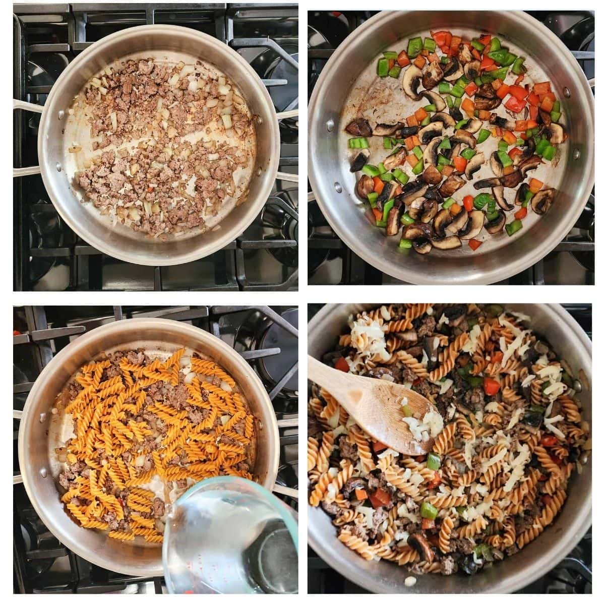 A collage showing the steps needed to make philly cheesesteak pasta