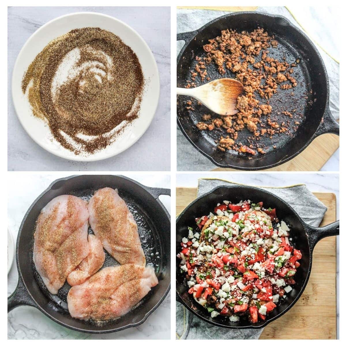 a picture showing the steps needed to make spicy salsa chicken: spices mixed, sausage cooking, chicken cooking and the dish ready for the oven