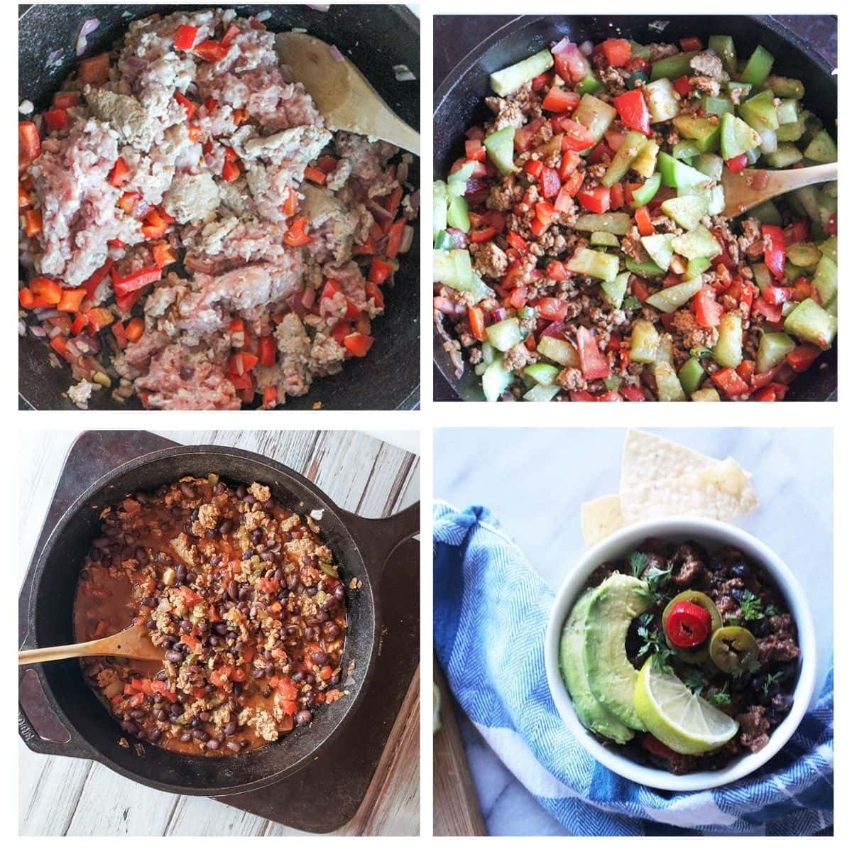 a collage of photos showing the process steps to make chili verde