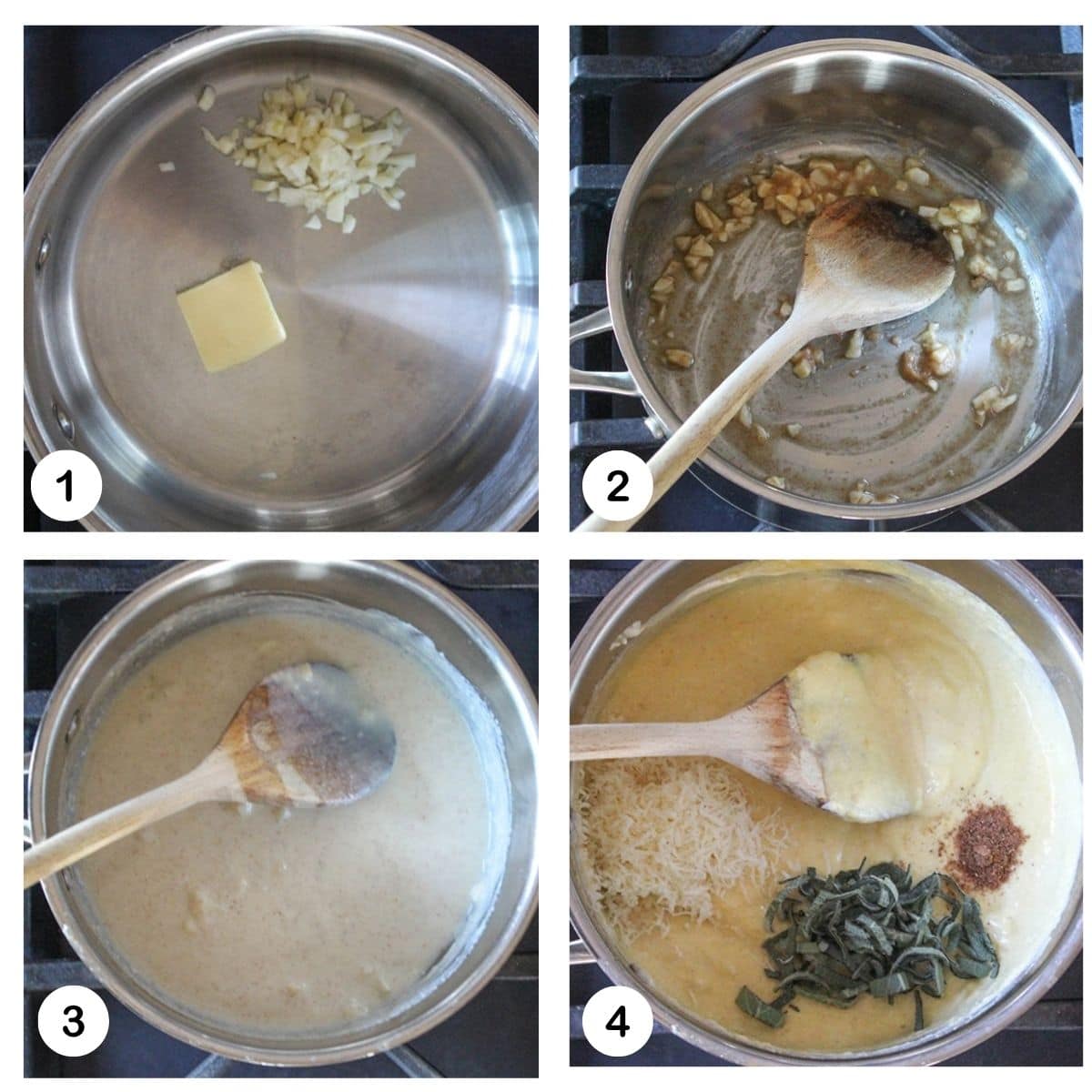 a collage of photos showing the steps to make pumpkin sage cream sauce