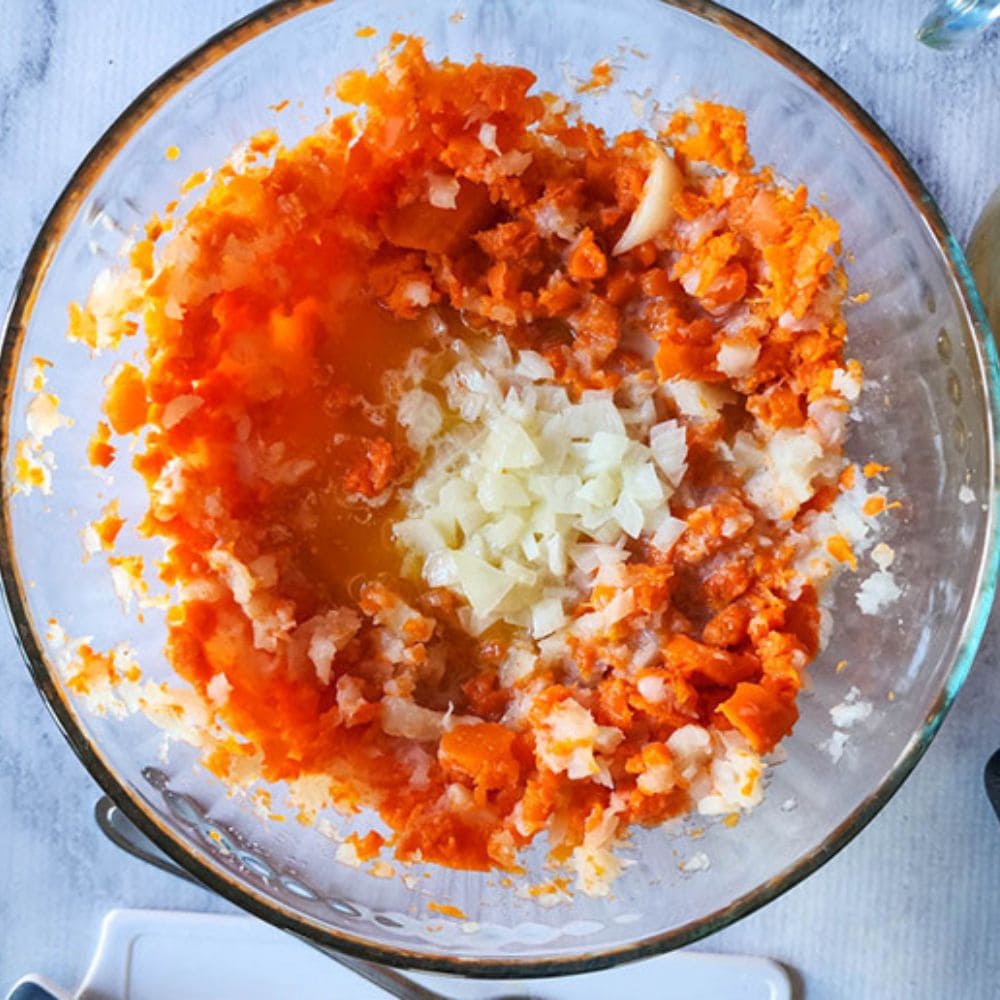 turnip and carrot mash, step 2 add onions and liquid