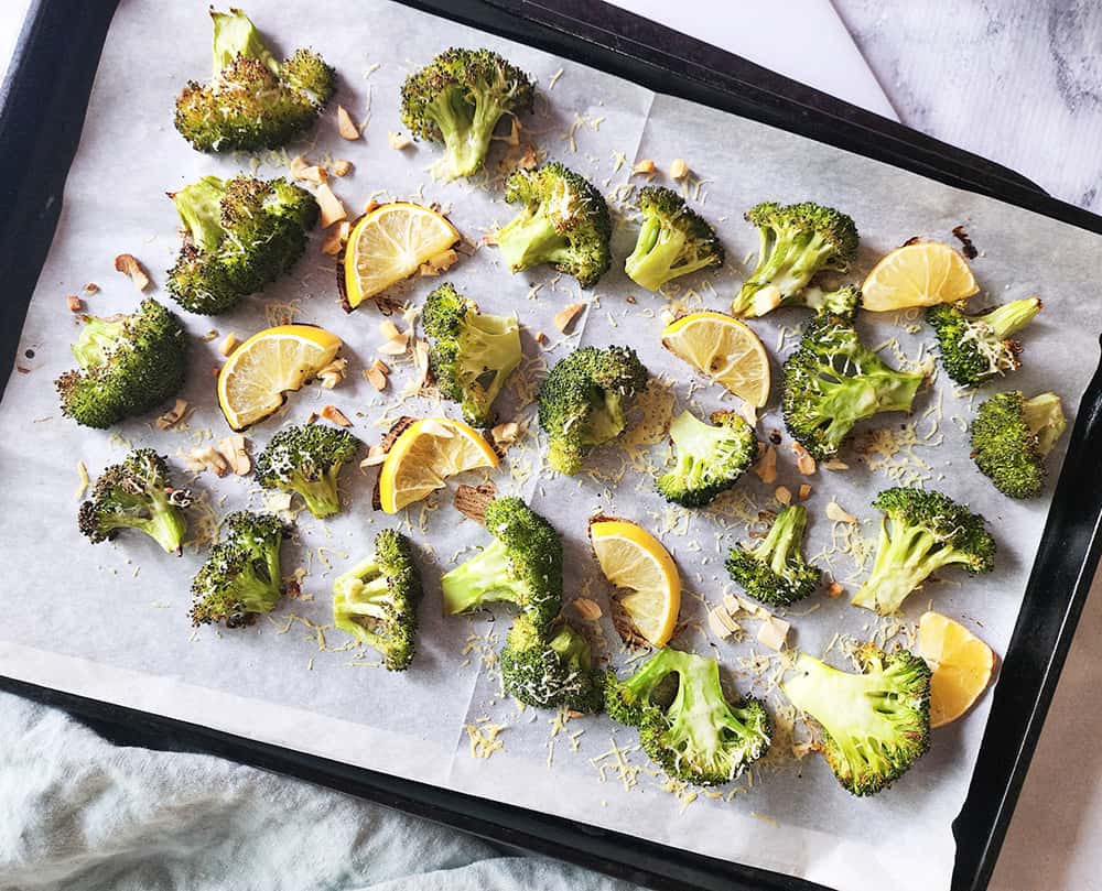 A picture of step 3 broccoli is cooked on a tray
