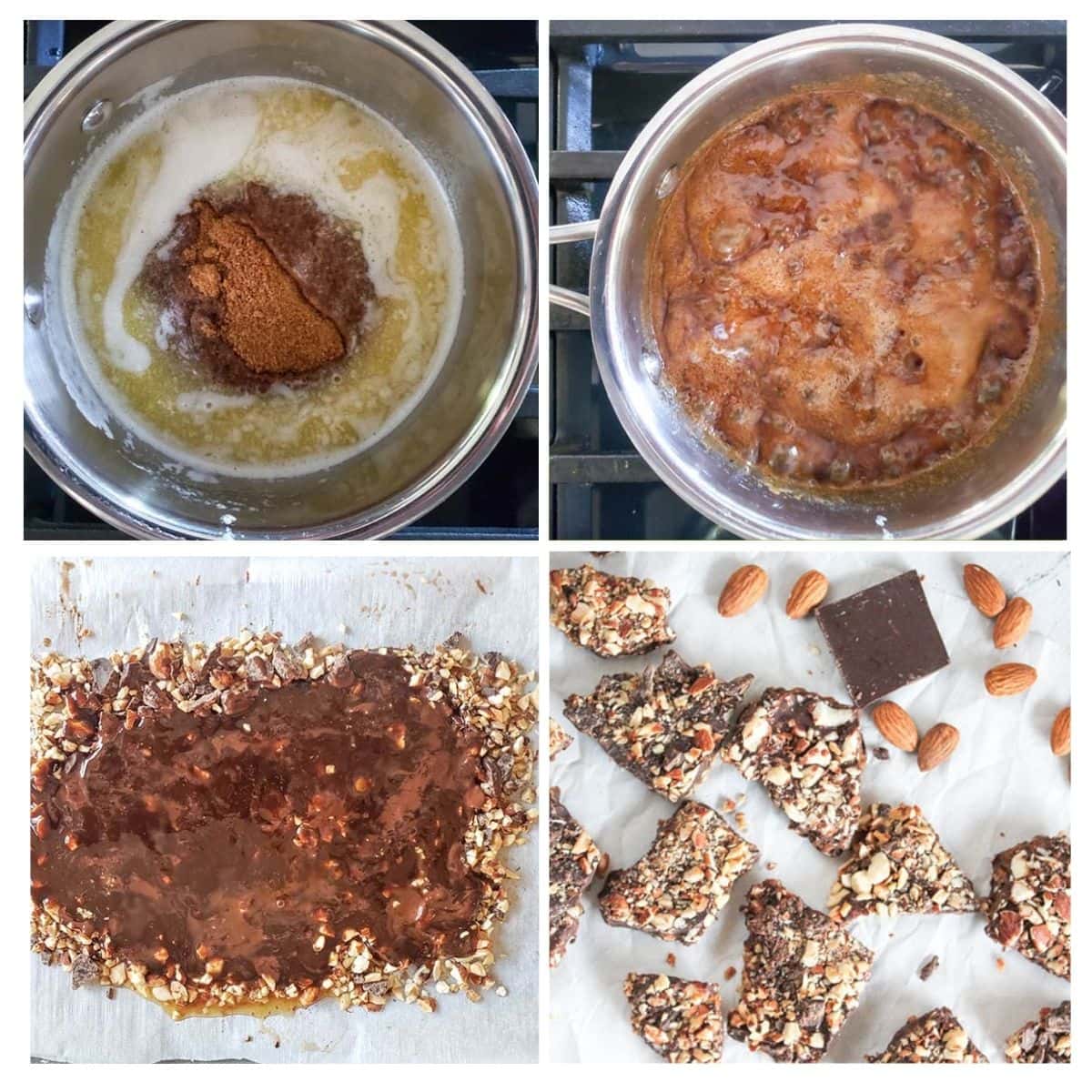 a collage of process steps for making chocolate almond toffee