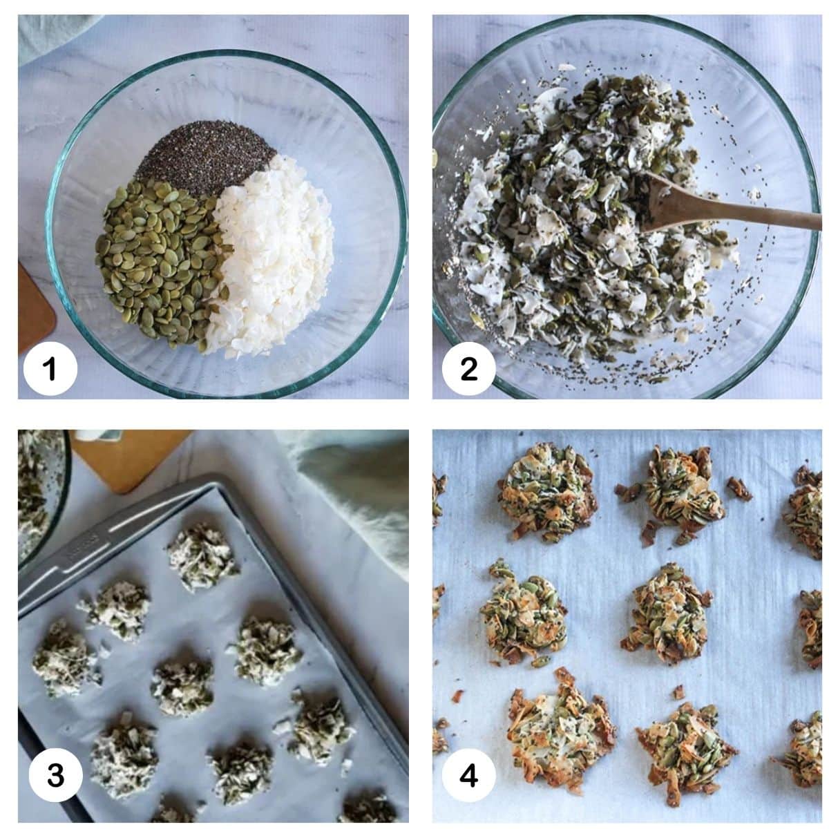 A collage of photos showing the steps needed to make coconut clusters